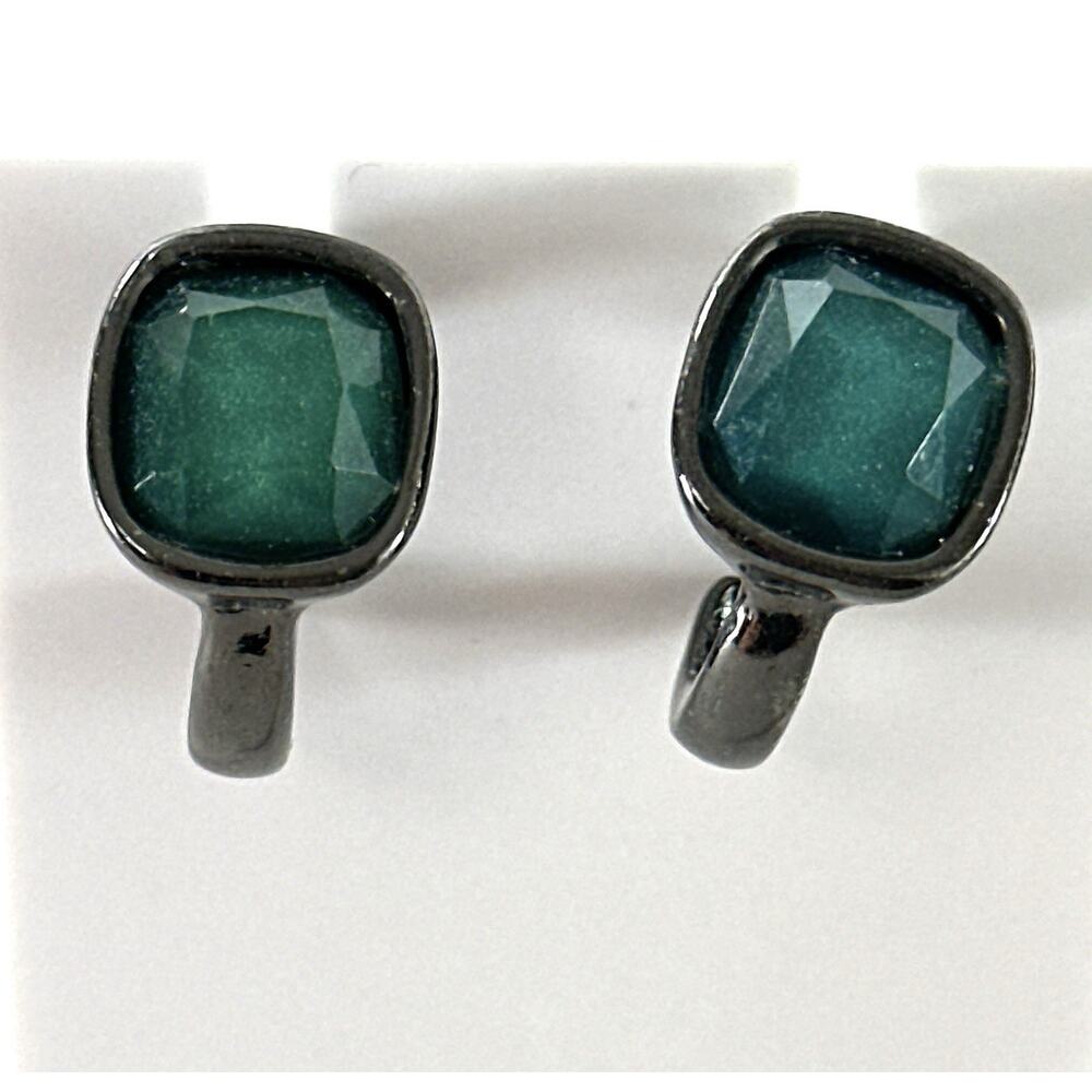 Gunmetal Tone Green Cushion Cut Stone Earrings Modern Minimalist Pierced - Picture 3 of 6